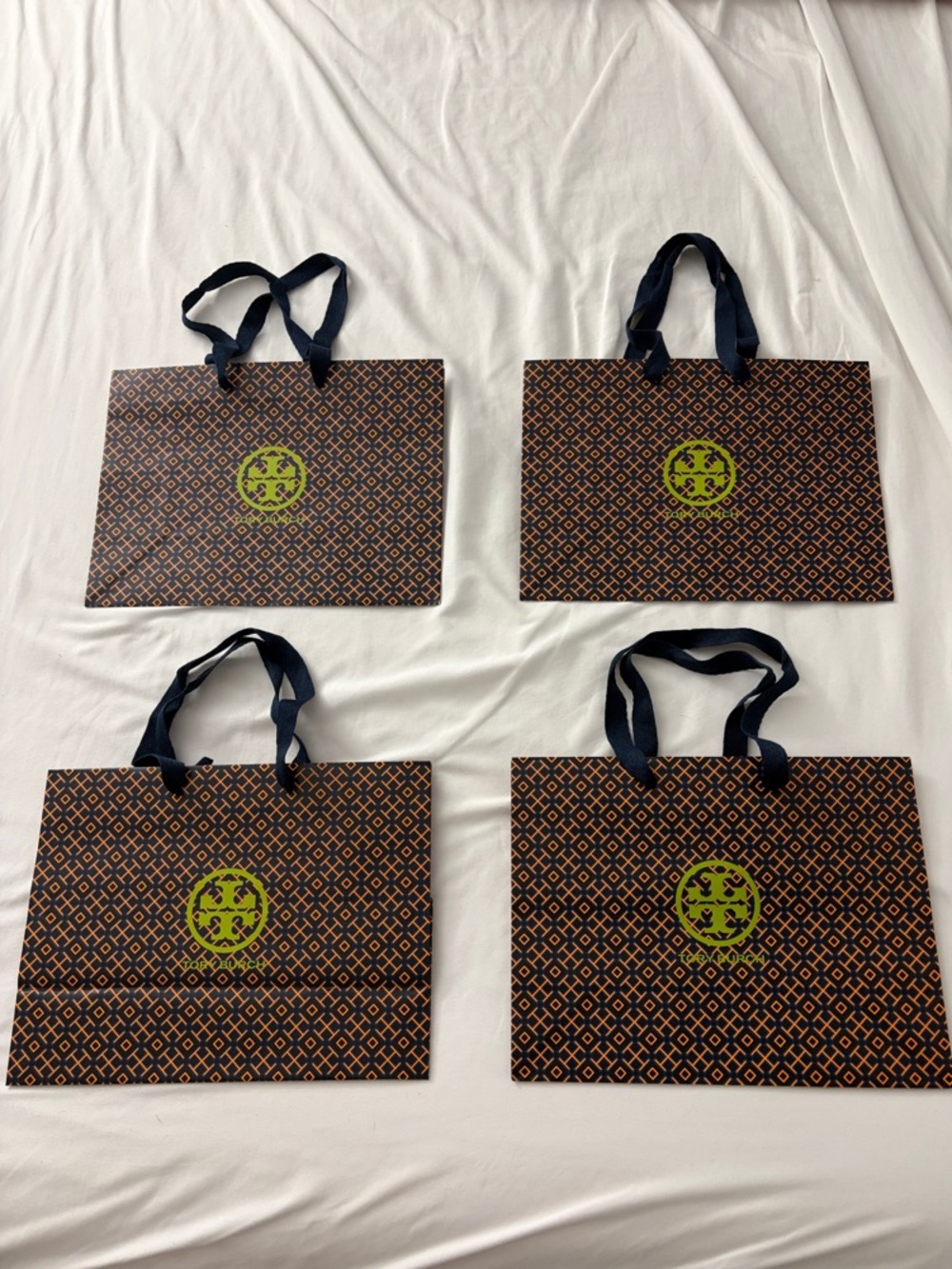 NEW Tory Burch Small Navy & Orange Lime Logo Paper Tote Bags (Set of 4)
